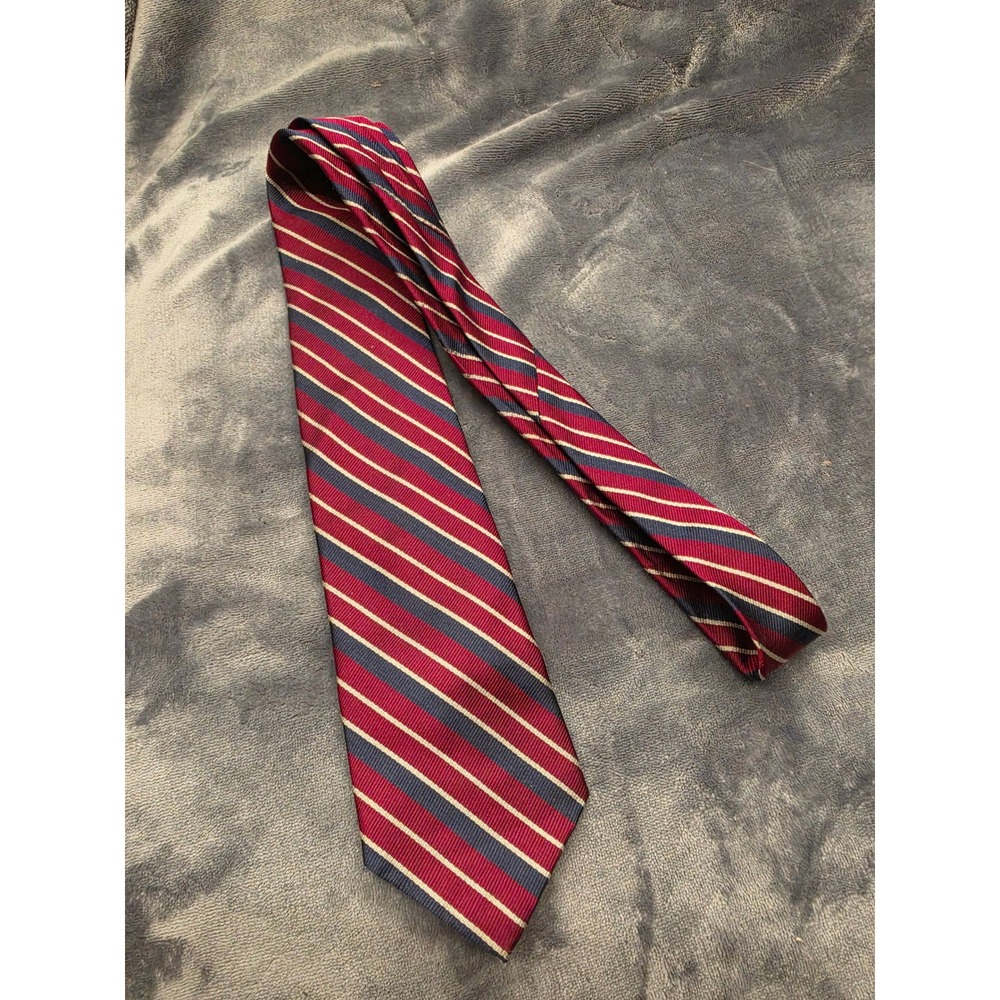 Vintage Kuppenheimer Mens Silk Necktie Burgundy Red Navy Blue Gold Striped Tie